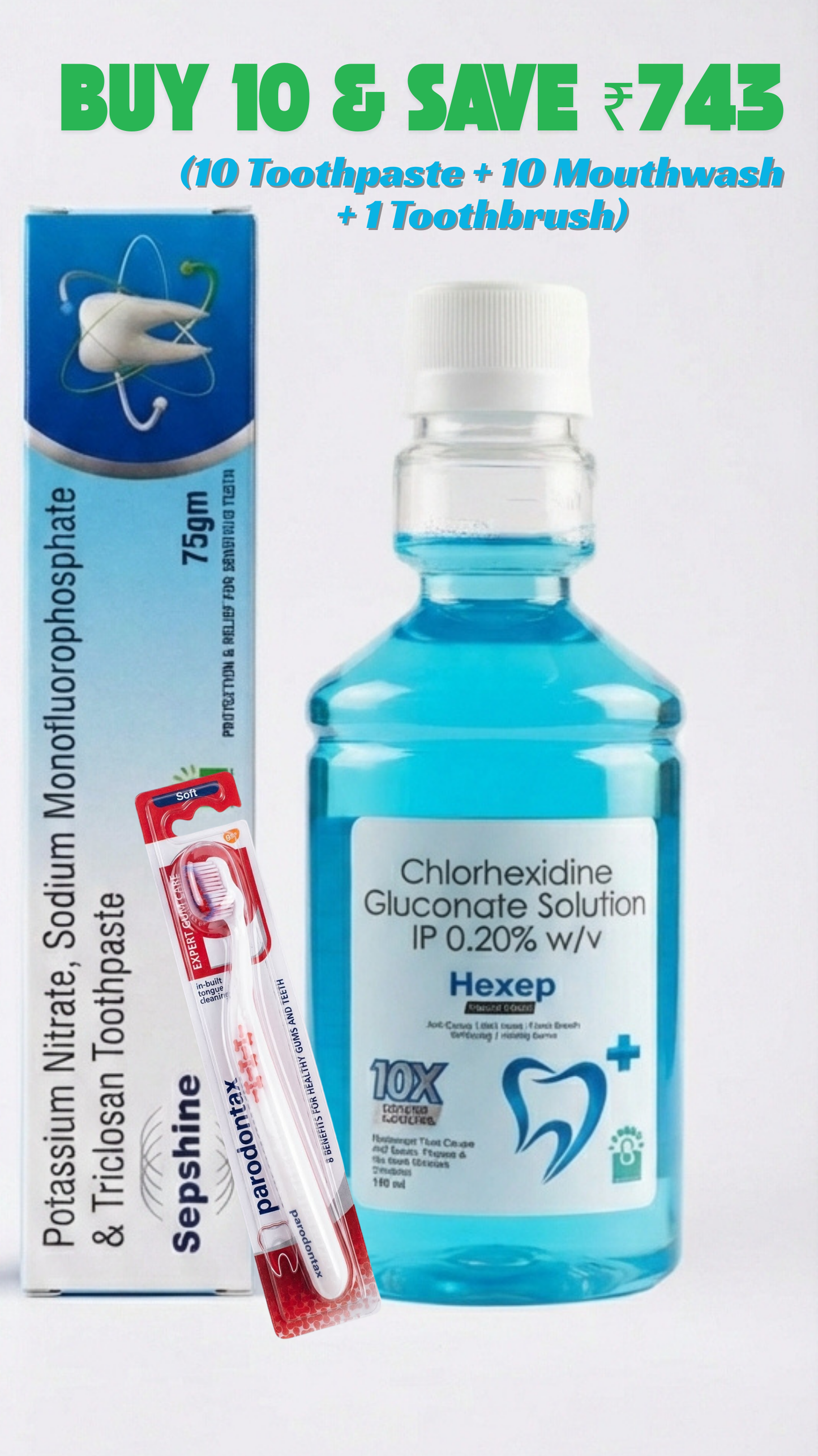 Oral Care Mega Combo – 10 Sepshine Toothpaste (75g) + 10 Chlorhexidine Mouthwash + 1 Parodontax Toothbrush