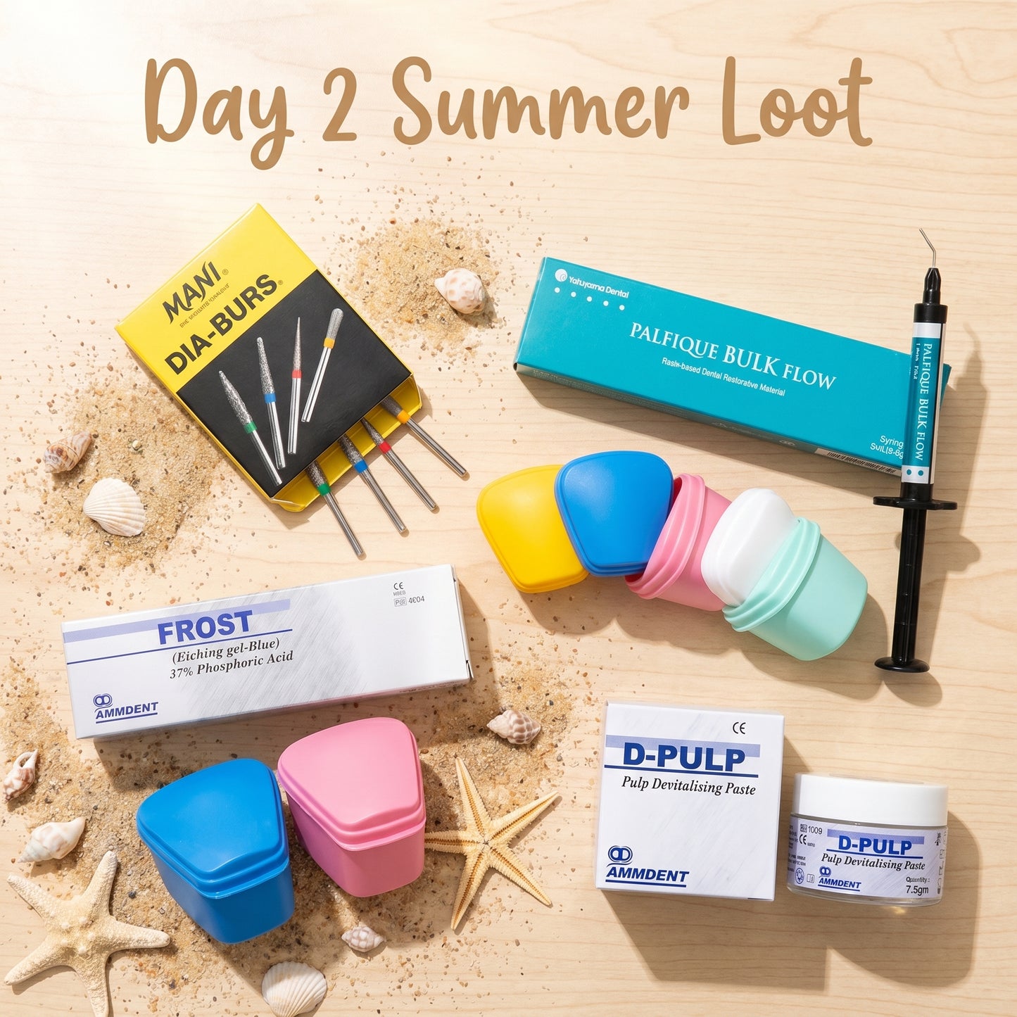 Summer LOOT - Day 2 | 5 DIA Burs + 10 Denture Boxes + 1 D-Pulp Devitaliser + 2 Etching Gels + 4 Tokuyama Bulk Flows
