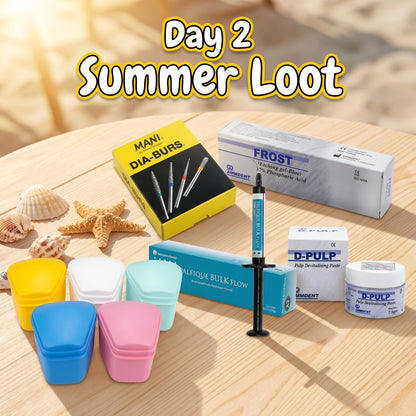 Summer LOOT - Day 2 | 5 DIA Burs + 10 Denture Boxes + 1 D-Pulp Devitaliser + 2 Etching Gels + 4 Tokuyama Bulk Flows